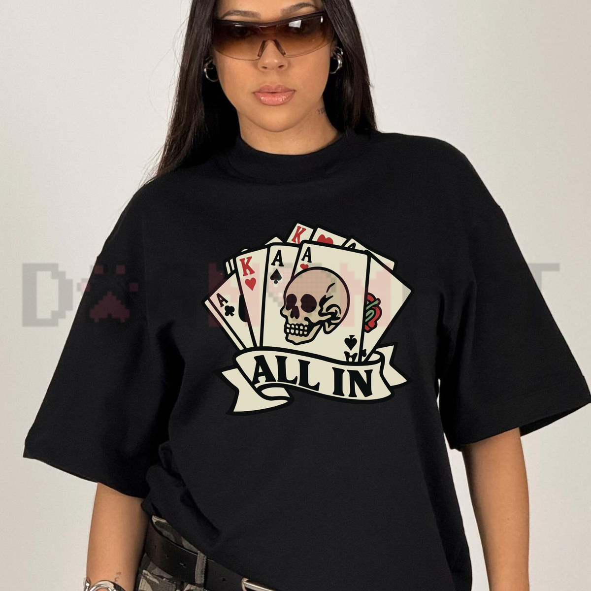 Front view of the parke horizon tee displaying vintage tattoo ALL IN poker skull graphic typography across the chest of a soft crewneck shirt. - dogmomhat