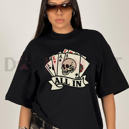 Front view of the parke horizon tee displaying vintage tattoo ALL IN poker skull graphic typography across the chest of a soft crewneck shirt. - dogmomhat