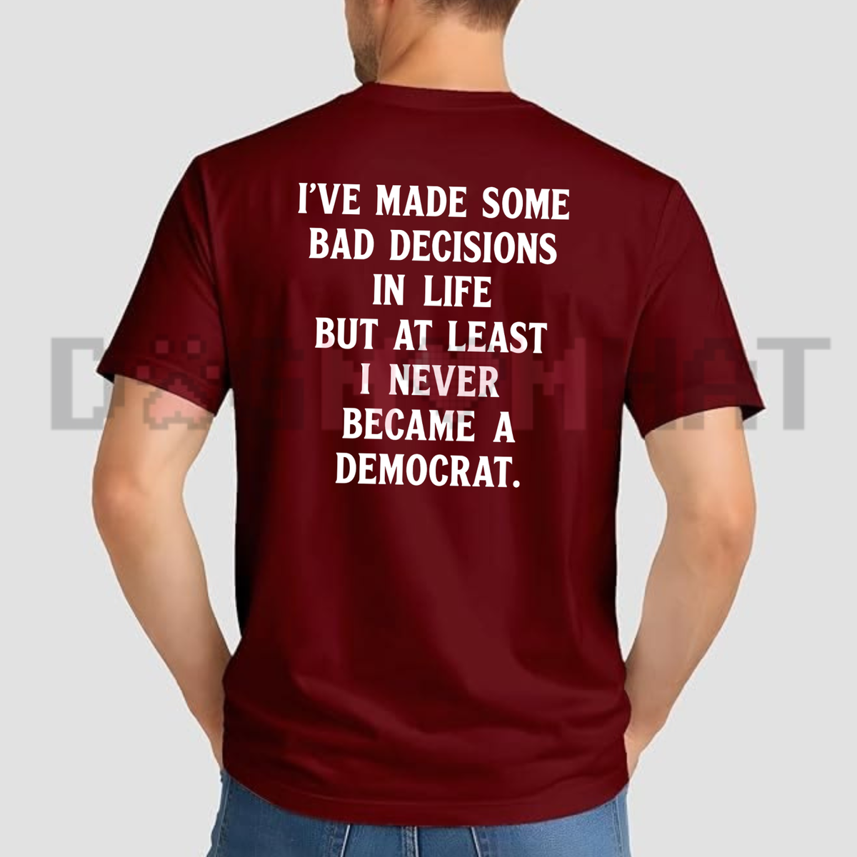 Front view of the patriot's verdict tee displaying conservative political quote graphic artwork with flag details across the chest of a garment-dyed shirt. - dogmomhat