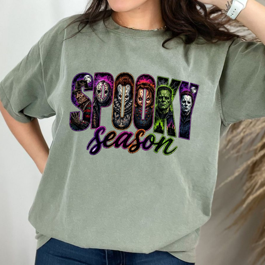 Front view of the pepper grey Comfort Colors Horror Halloween T-Shirt showing the vintage scary movie graphics printed across the chest - dogmomhat
