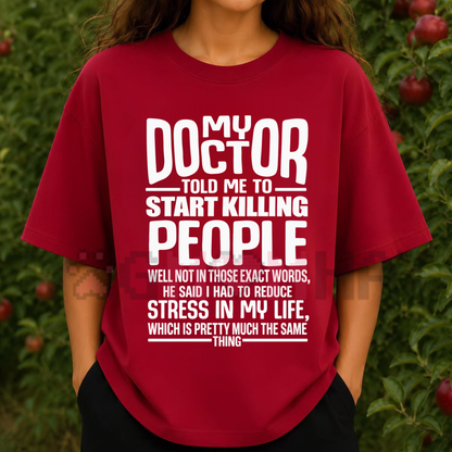 Front view of the prescribed serenity irony tee displaying funny stress quote graphics across the chest of a cotton crewneck shirt. - dogmomhat