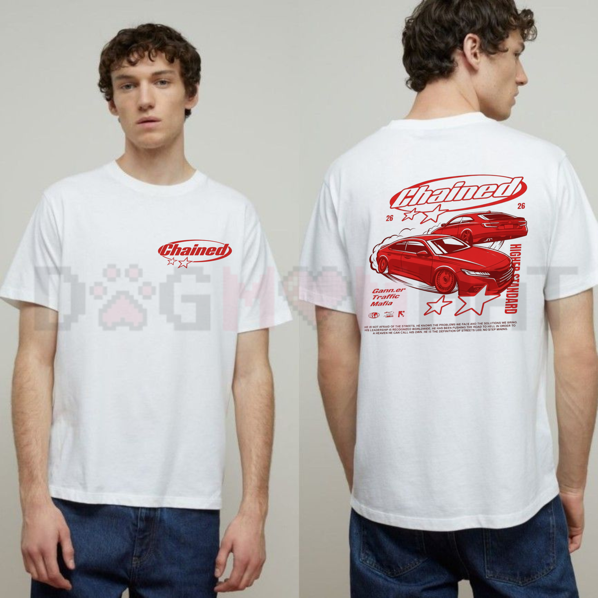Front view of the restrained anchor streetwear tee displaying metallic chain graphic artwork across the chest of a cotton shirt. - dogmomhat