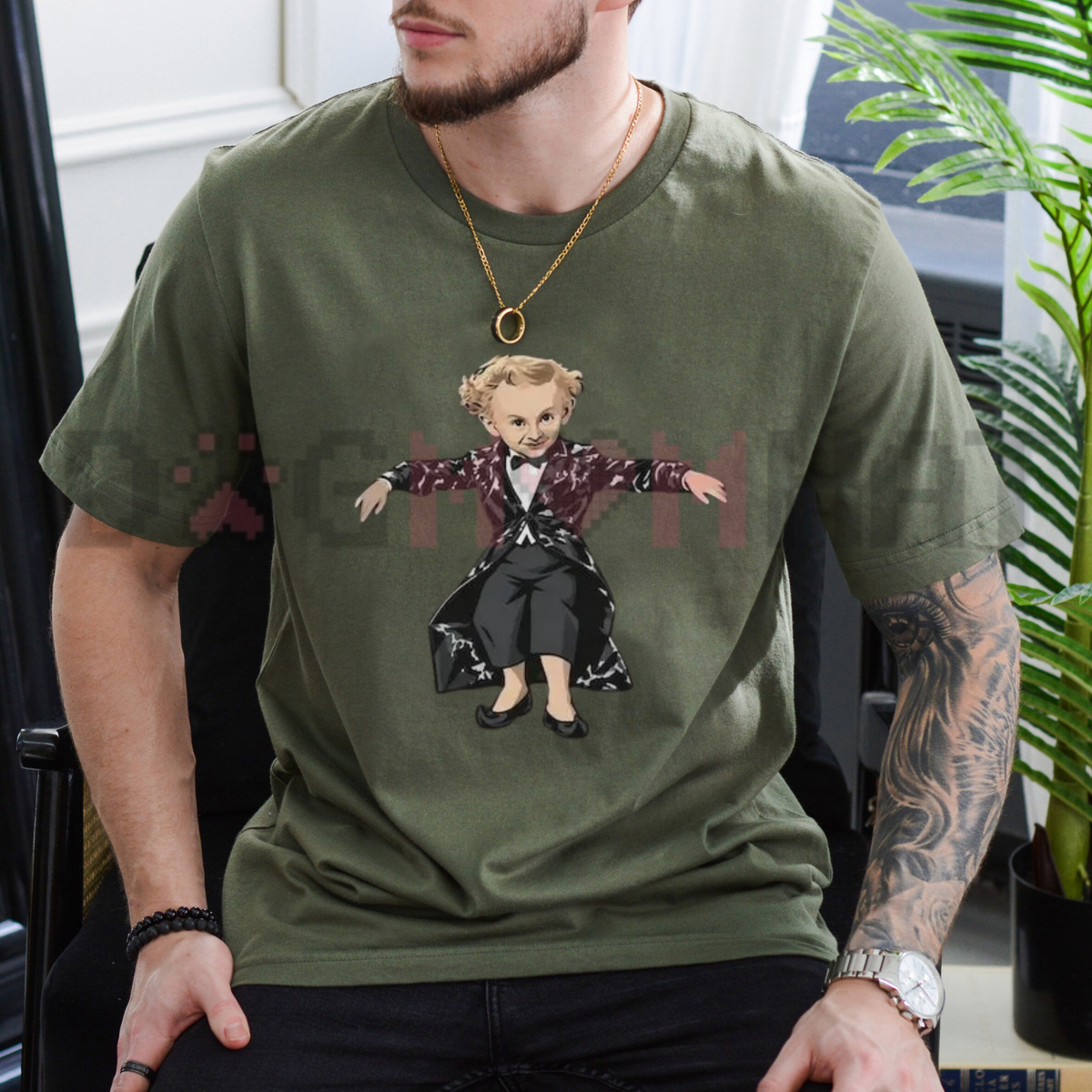 Front view of the riff raff stride tee displaying 'Tiptoeing in my Jordans' leprechaun graphic artwork across the chest of a garment-dyed shirt. - dogmomhat