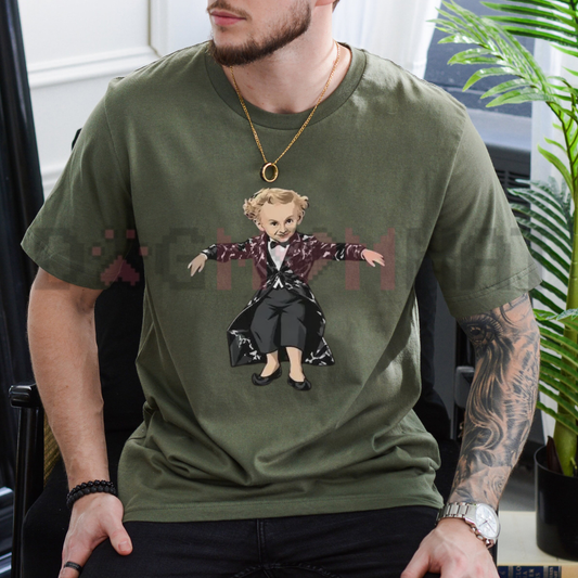 Front view of the riff raff stride tee displaying 'Tiptoeing in my Jordans' leprechaun graphic artwork across the chest of a garment-dyed shirt. - dogmomhat