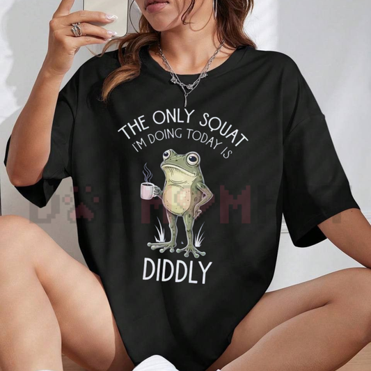 Front view of the sage green Sarcastic Frog "Doing Diddly Squat" Graphic T-Shirt showing the cute frog illustration printed across the chest - dogmomhat