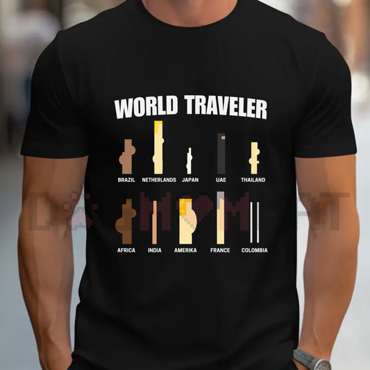 Front view of the sand-colored World Traveler Vintage Graphic T-Shirt showing the detailed retro map print across the chest - dogmomhat