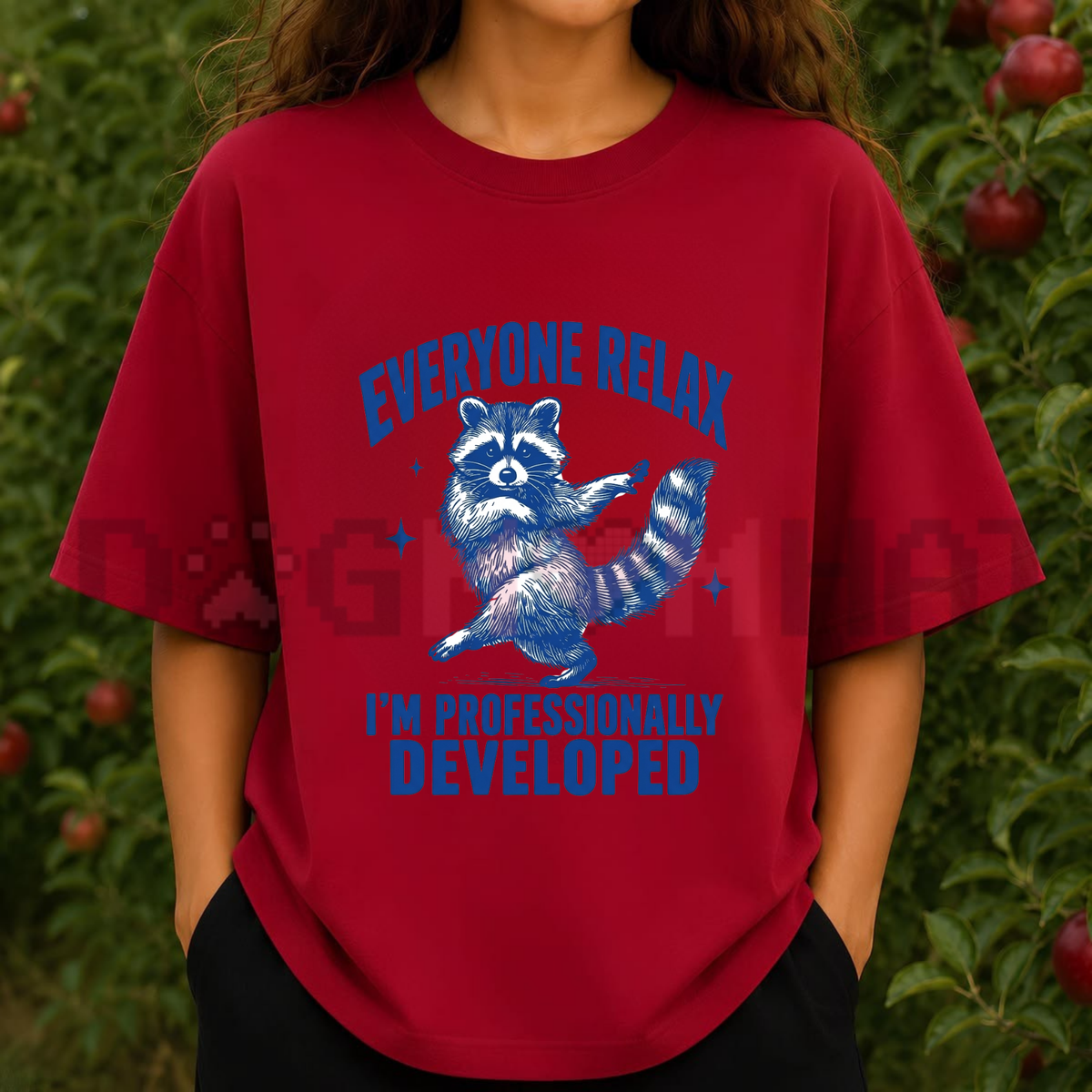 Front view of the sanity check squad tee displaying funny raccoon professionally developed graphic artwork across the chest of a Comfort Colors shirt. - dogmomhat