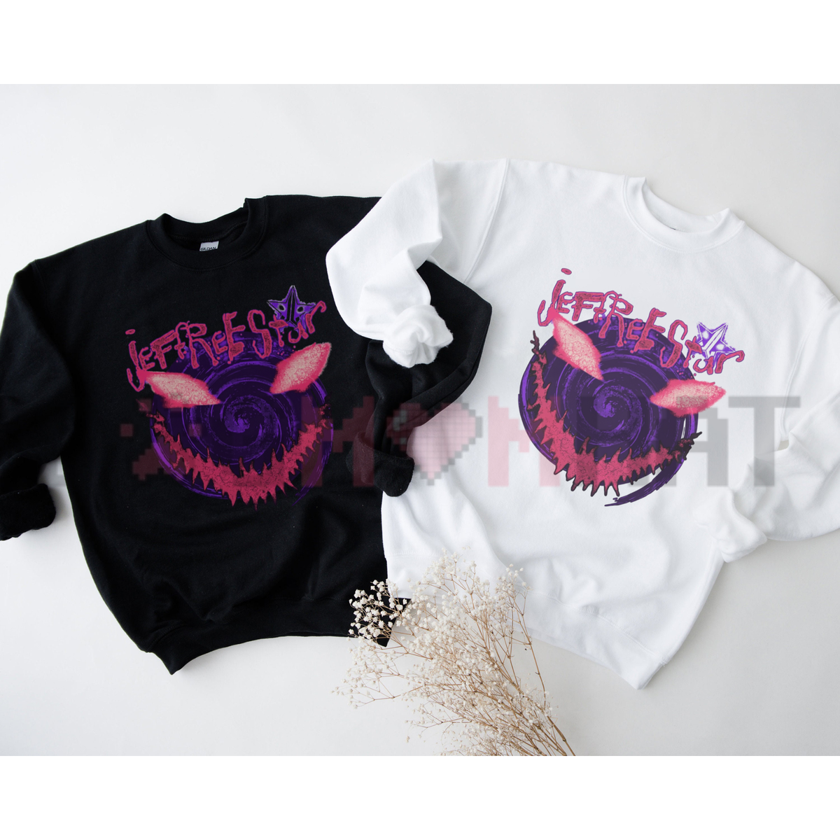 Front view of the sinister gloss smirk crewneck displaying dark gothic smile graphic artwork across the chest of a fleece sweatshirt. - dogmomhat