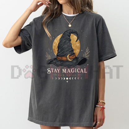 Front view of the soft lavender Stay Magical Graphic Top showing the detailed butterfly and celestial moon illustration printed across the chest - dogmomhat
