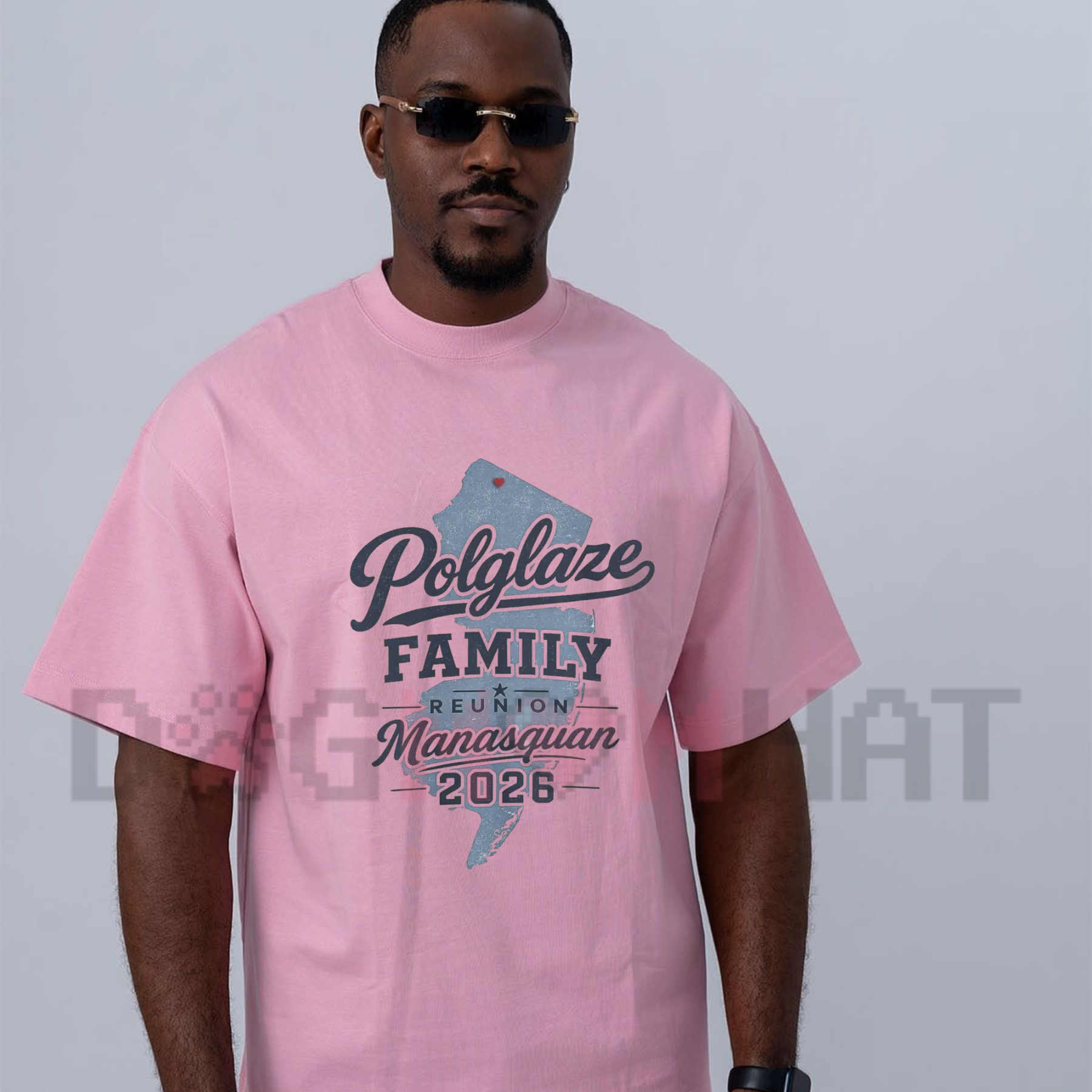 Front view of the soft ocean blue Polglaze Family Reunion Manasquan 2026 T-Shirt showing the detailed beach emblem design across the chest - dogmomhat