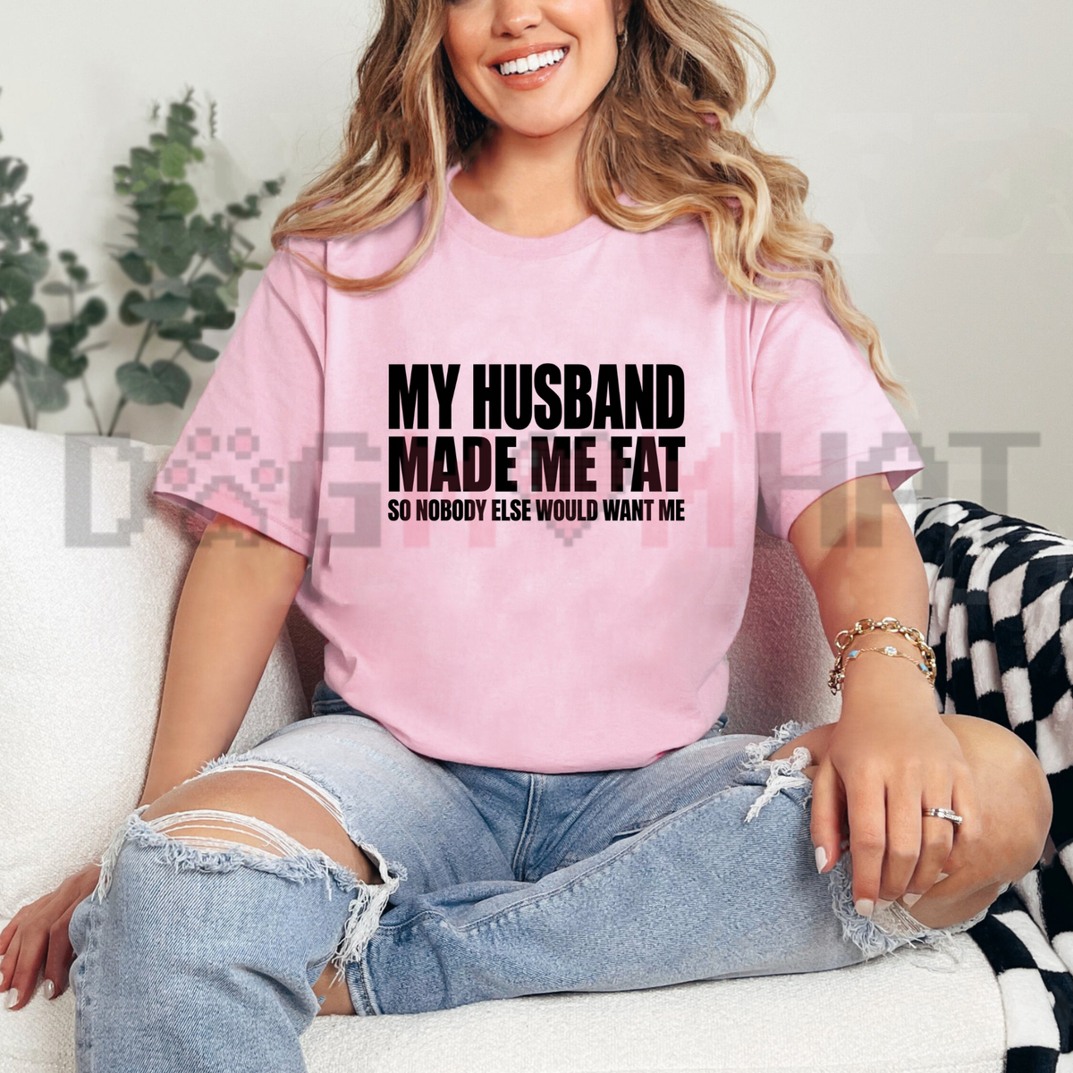 Front view of the spousal calorie counter tee displaying funny married life quote typography across the chest of a cotton shirt. - dogmomhat