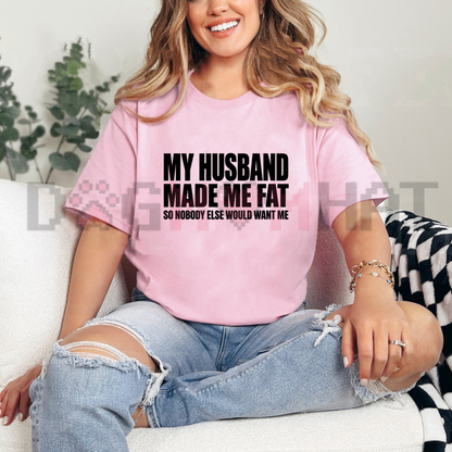 Front view of the spousal calorie counter tee displaying funny married life quote typography across the chest of a cotton shirt. - dogmomhat