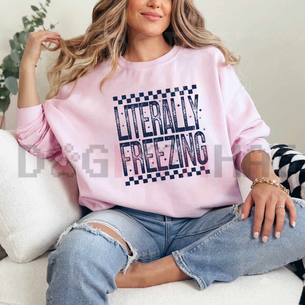 Front view of the subzero chill crewneck displaying funny 'Literally Freezing' winter graphic artwork across the chest of a soft fleece sweatshirt. - dogmomhat