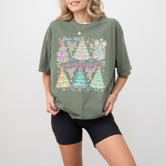Front view of the t-shirt displaying elegant 'I Will Praise Him' religious typography and floral graphic artwork across the chest of a soft garment-dyed crewneck shirt. - dogmomhat