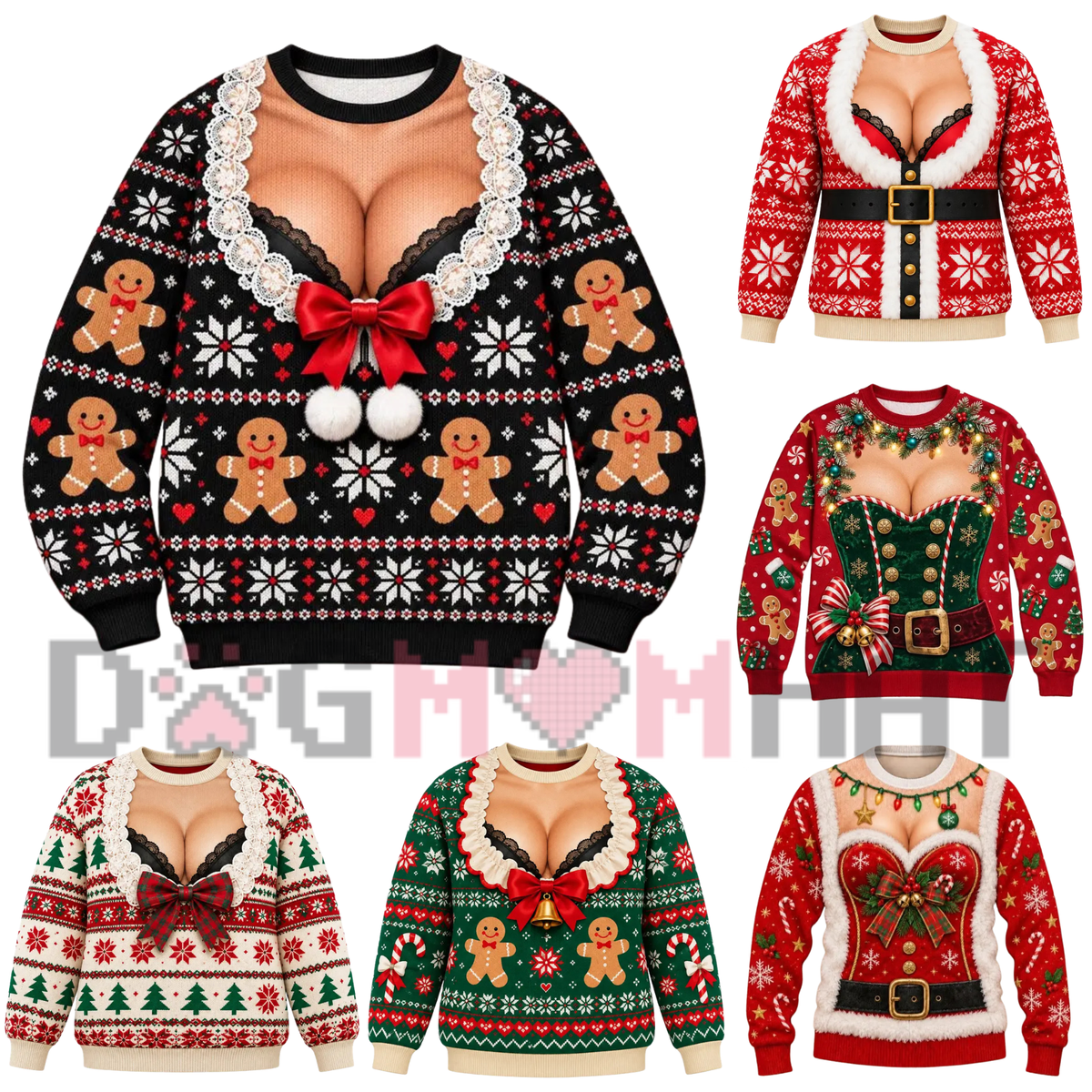 Front view of the tacky festive clash crewneck displaying funny faux-knitted ugly Christmas graphic artwork across the chest of a festive holiday sweater. - dogmomhat