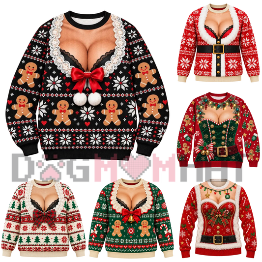 Front view of the tacky festive clash crewneck displaying funny faux-knitted ugly Christmas graphic artwork across the chest of a festive holiday sweater. - dogmomhat