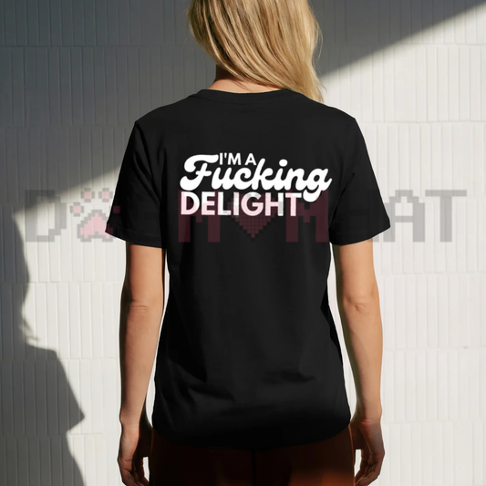 Front view of the unfiltered joy outburst tee displaying sarcastic explicit quote typography across the chest of a cotton shirt. - dogmomhat