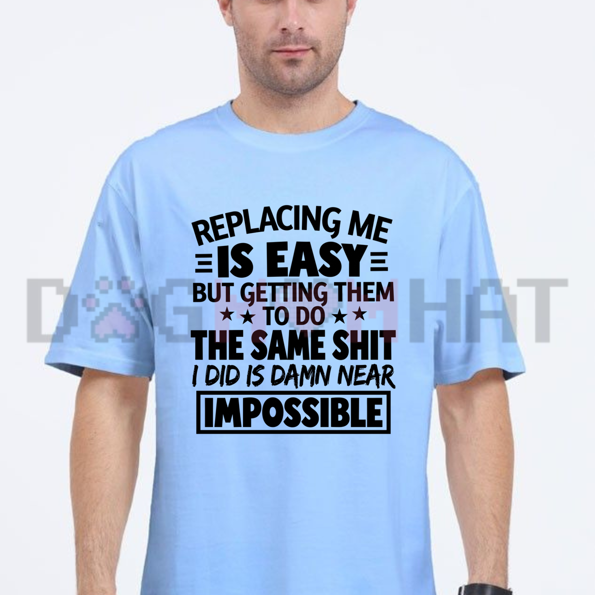 Front view of the unmatched merit tee displaying sarcastic workplace quote graphic artwork across the chest of a black short sleeve shirt. - dogmomhat