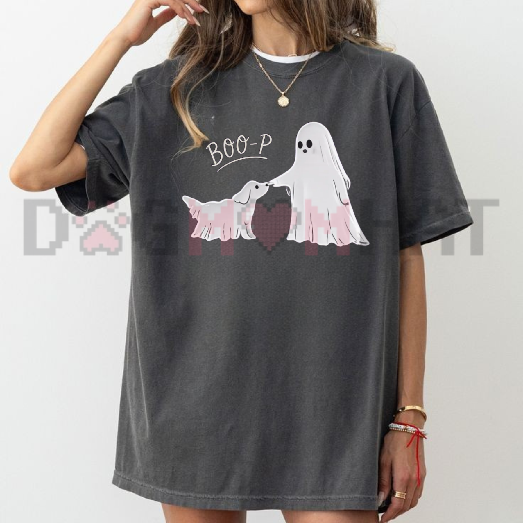 Front view of the vintage wash Boo-p Ghost Dog T-Shirt showing the cute ghost dog and text graphic printed across the chest - dogmomhat