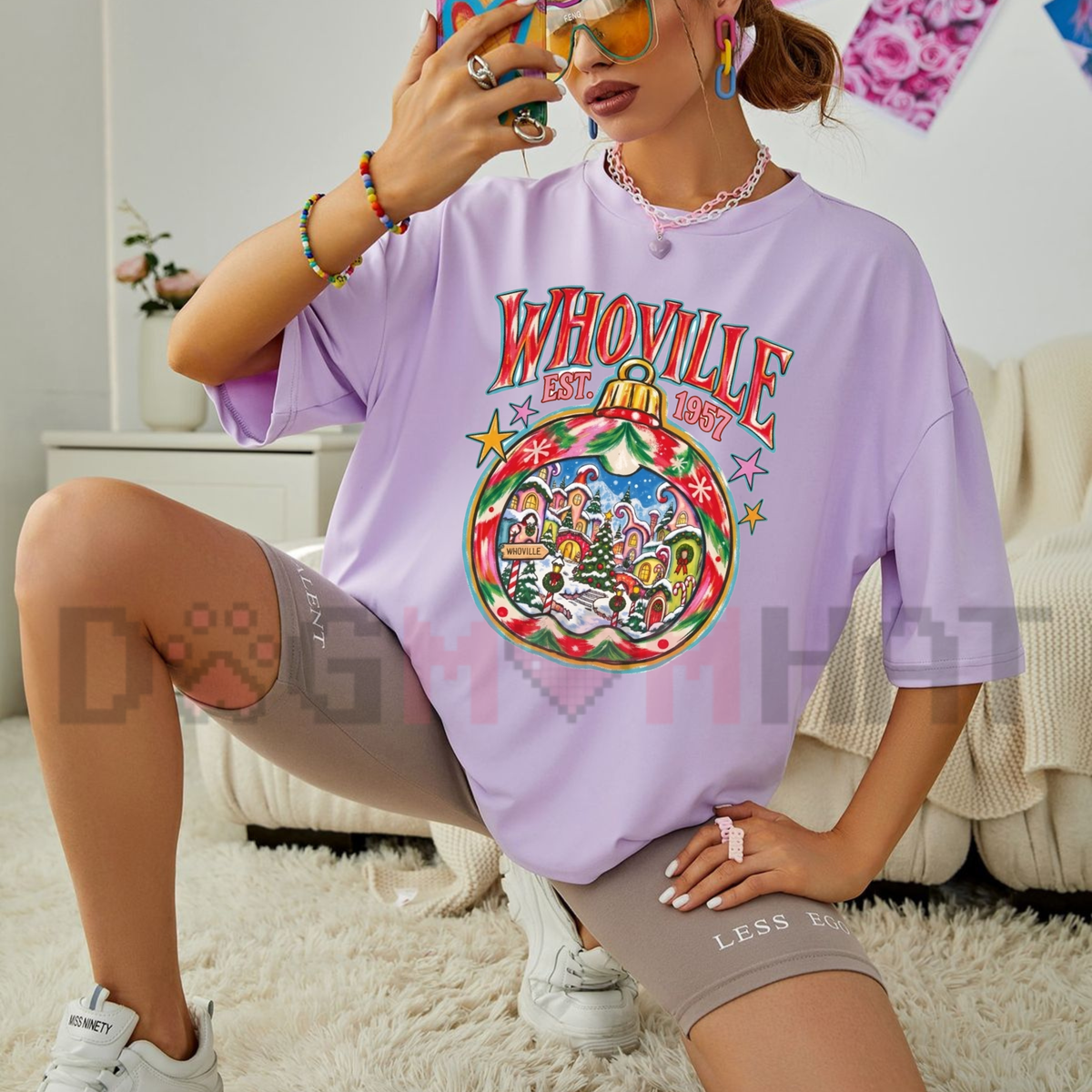 Front view of the vintage yuletide cast garment-dyed tee displaying cute retro Christmas character graphics across the chest of a Comfort Colors shirt.  - dogmomhat