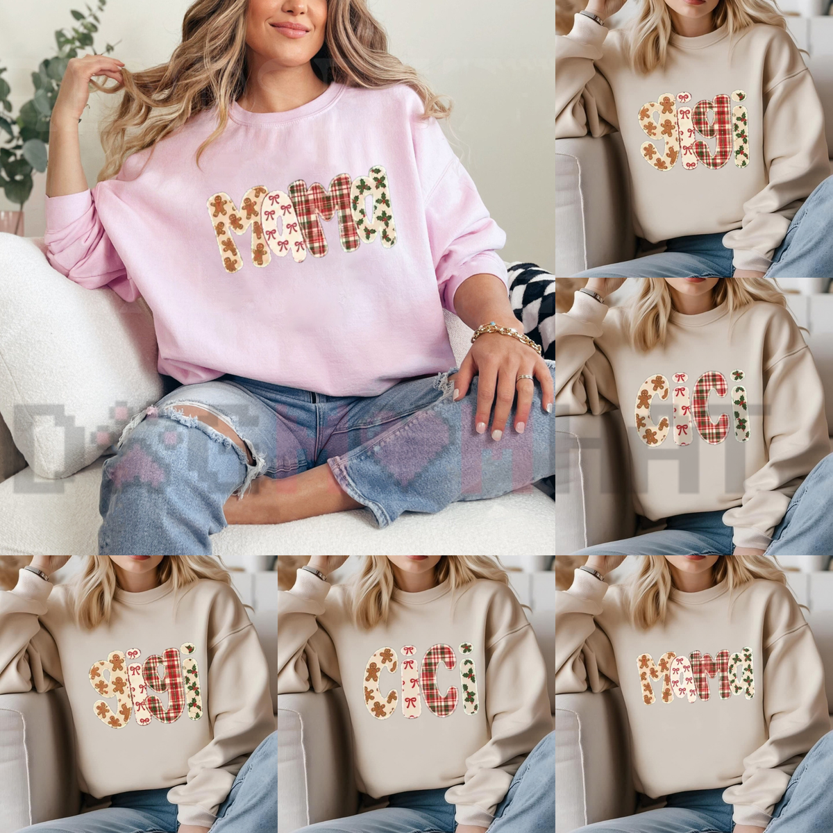 Front view of the warm sugar cookie family crewneck displaying personalized gingerbread plaid graphic artwork across the chest of a forest green sweatshirt. - dogmomhat
