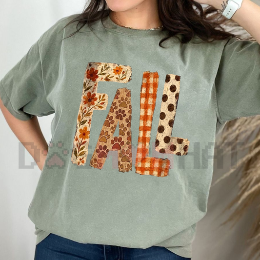 Front view of the warm terracotta Comfort Colors Fall Patchwork Paw Graphic T-Shirt showing the detailed floral paw print artwork across the chest - dogmomhat