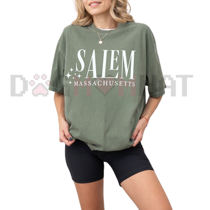 Front view of the washed black Vintage 1692 Salem Graphic Top showing the detailed retro Salem typography and moon illustration printed across the chest - dogmomhat