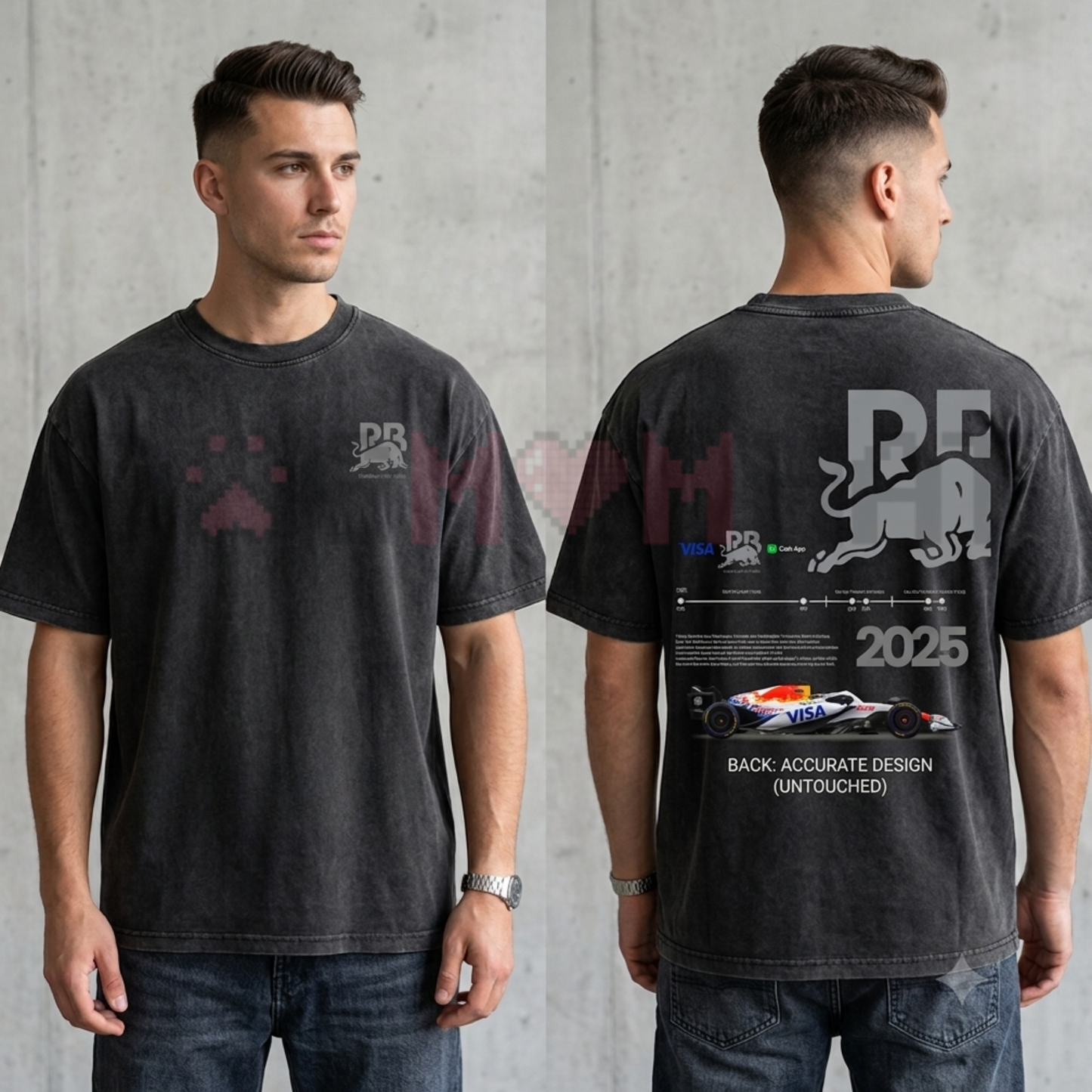 Front view of the washed dark grey Vintage Open Wheel Racing T-Shirt showing the detailed retro race car graphic print across the chest - dogmomhat