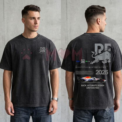 Front view of the washed dark grey Vintage Open Wheel Racing T-Shirt showing the detailed retro race car graphic print across the chest - dogmomhat