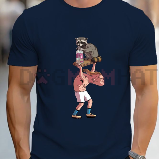 Front view of the washed pepper gray Comfort Colors Funny Raccoon Meme T-Shirt showing the detailed funny trash panda graphic print across the chest - dogmomhat