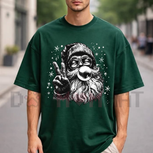 Front view of the white Vintage Bubble Gum Santa Graphic T-Shirt showing the detailed retro Santa blowing a pink bubble printed across the chest - dogmomhat
