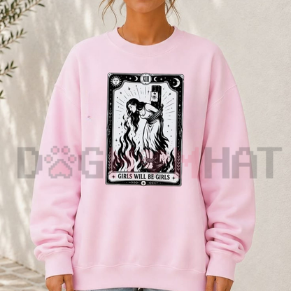 Front view of the wild coven crewneck displaying edgy witch with cigarette 'Girls Will Be Girls' graphic artwork across the chest of a soft fleece sweatshirt. - dogmomhat