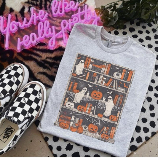 Ghost Bookcase T-Shirt – Bleached Ash Grey Gildan Tee, Unisex Spooky Library Aesthetic Shirt for Book Lovers - Dogmomhat