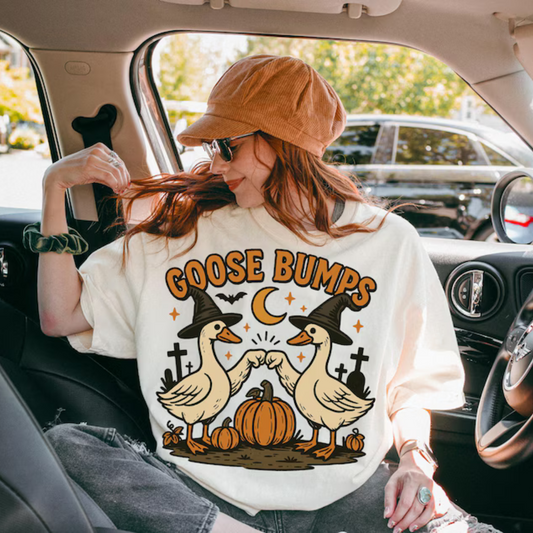 "Goose Bumps" Halloween T-Shirt – Witch Goose Clipart, Cute Halloween Design, Fall Pumpkin Goose Tee - Dogmomhat