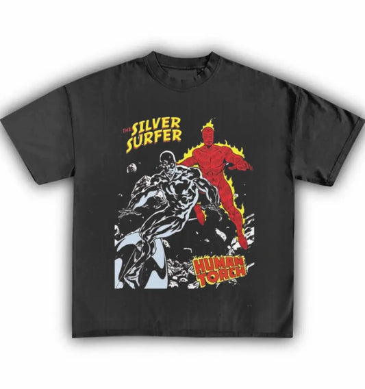 Hero Showdown Graphic T-Shirt – Cosmic vs Fire Comic-Inspired Tee, Unisex Casual Cotton Top for Fans - Dogmomhat