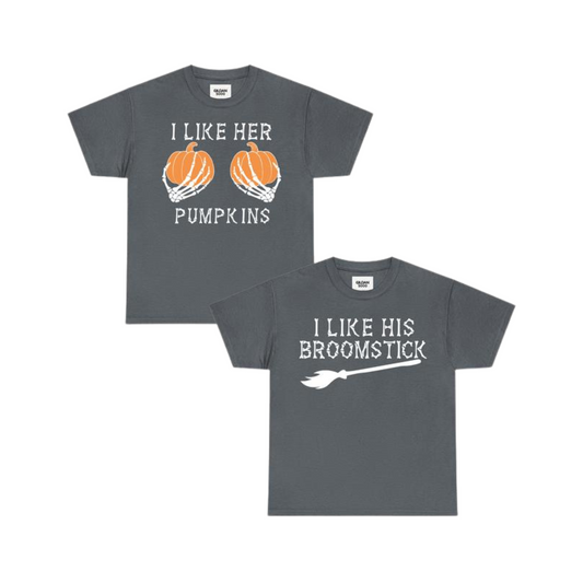"I Like Her Pumpkins / I Like His Broomstick" Funny Halloween Couple Shirts - Dogmomhat