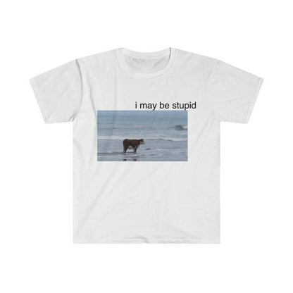 I May Be Stupid Funny Cow Beach T-Shirt – Meme-Inspired Graphic Tee, Unisex Cotton Top - Dogmomhat
