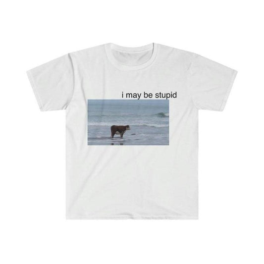 I May Be Stupid Funny Cow Beach T-Shirt – Meme-Inspired Graphic Tee, Unisex Cotton Top - Dogmomhat
