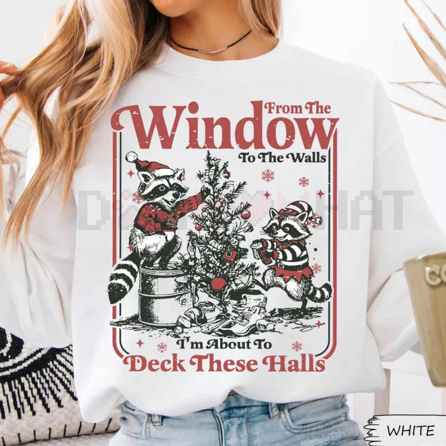 "I'm About To Deck These Halls" Funny Sweatshirt – Raccoon Christmas Tree Graphic - Dogmomhat