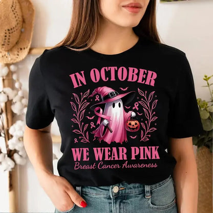 "In October We Wear Pink Ghost" Shirt – Halloween Breast Cancer Awareness Tee, Spooky Season Support Shirt - Dogmomhat