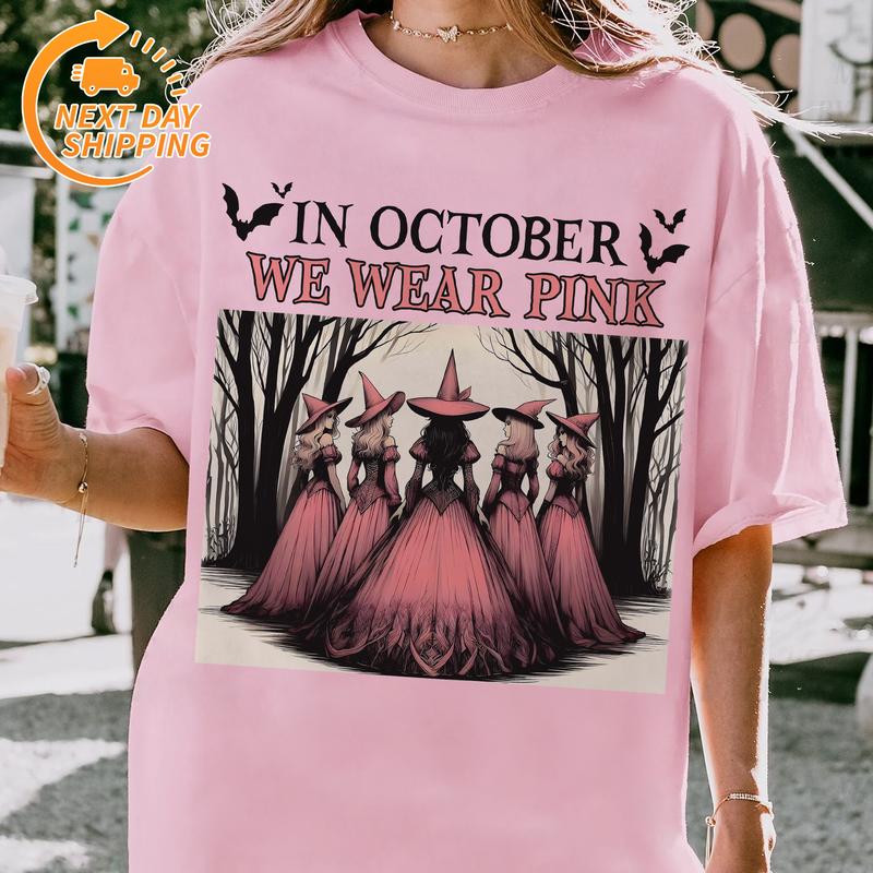"In October We Wear Pink" Horror Halloween Breast Cancer Shirt – Support Squad Tee, Cancer Survivor Apparel - DOGMOMHAT