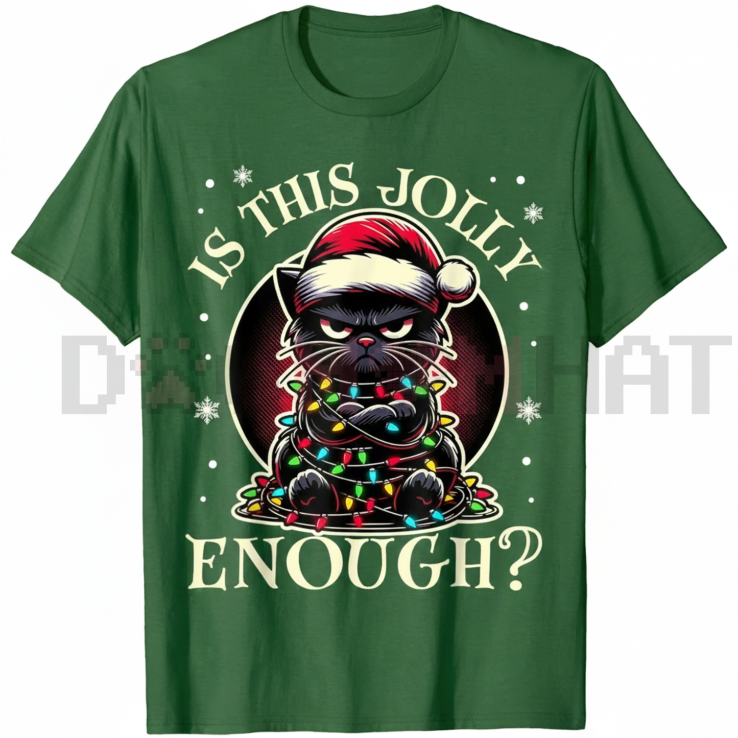 "Is This Jolly Enough" Funny Black Cat Christmas Tree Lights T-Shirt - dogmomhat