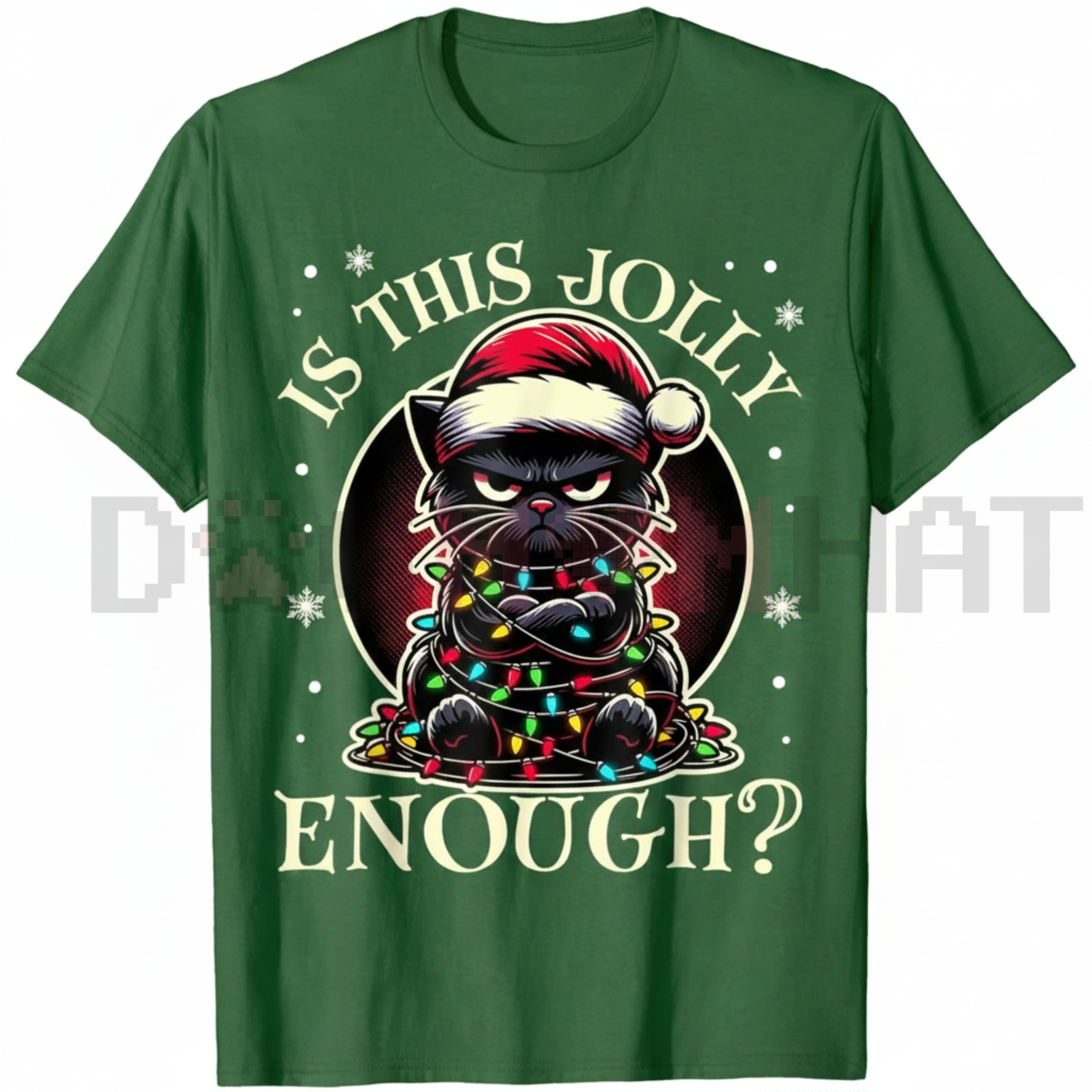 "Is This Jolly Enough" Funny Black Cat Christmas Tree Lights T-Shirt - dogmomhat