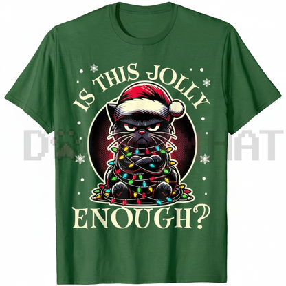 "Is This Jolly Enough" Funny Black Cat Christmas Tree Lights T-Shirt - dogmomhat