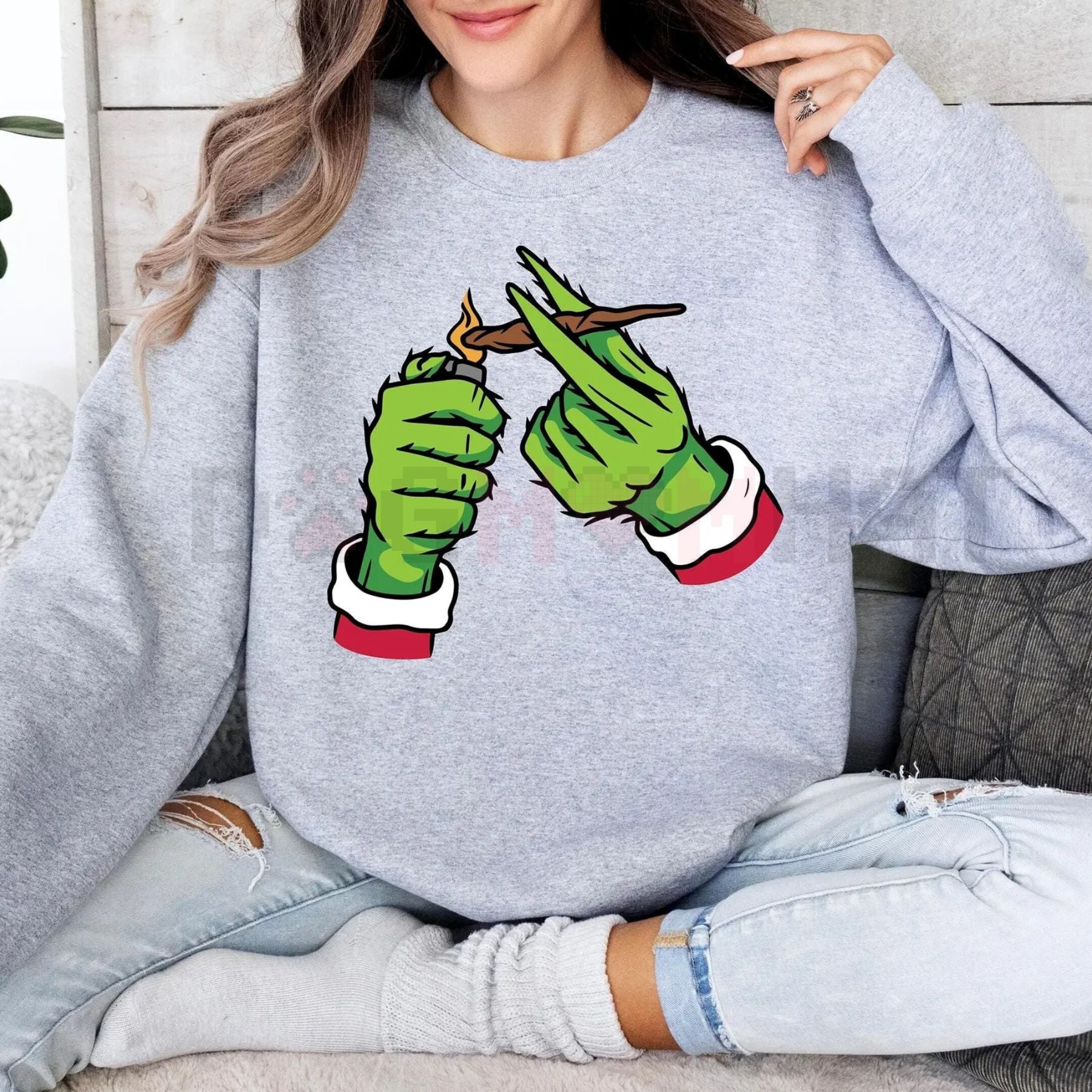 Mary Jane Grinchmas Christmas Cannabis Crewneck – Womenswear Hand Christmas Weed Shirt, Merry Weedmas Cotton Sweater - Dogmomhat