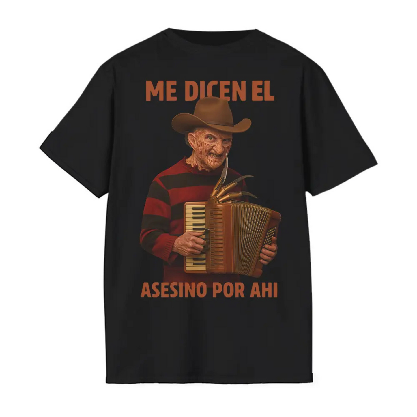 Me Dicen El Asesino Por Ahi Shirt – Horror Movie Villains, Accordion Tee, Jason, Freddy, Ghostface, Michael Myers - Dogmomhat