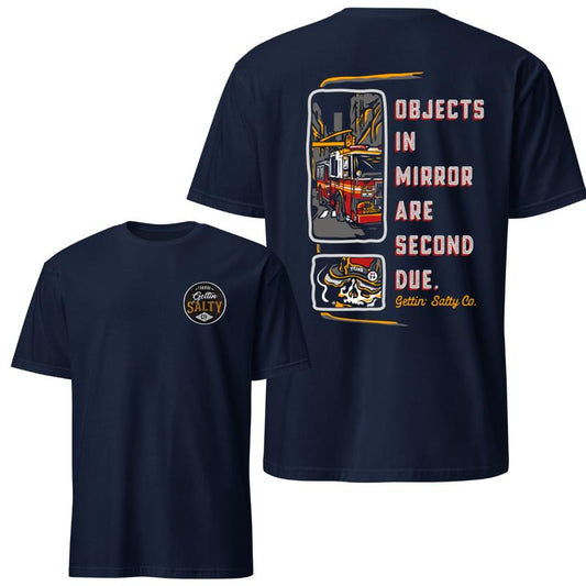 "Objects in Mirror" Firefighter T-Shirt – Vintage Fire Truck Graphic Tee, Soft Cotton Blend, Service Lifestyle Apparel - Dogmomhat