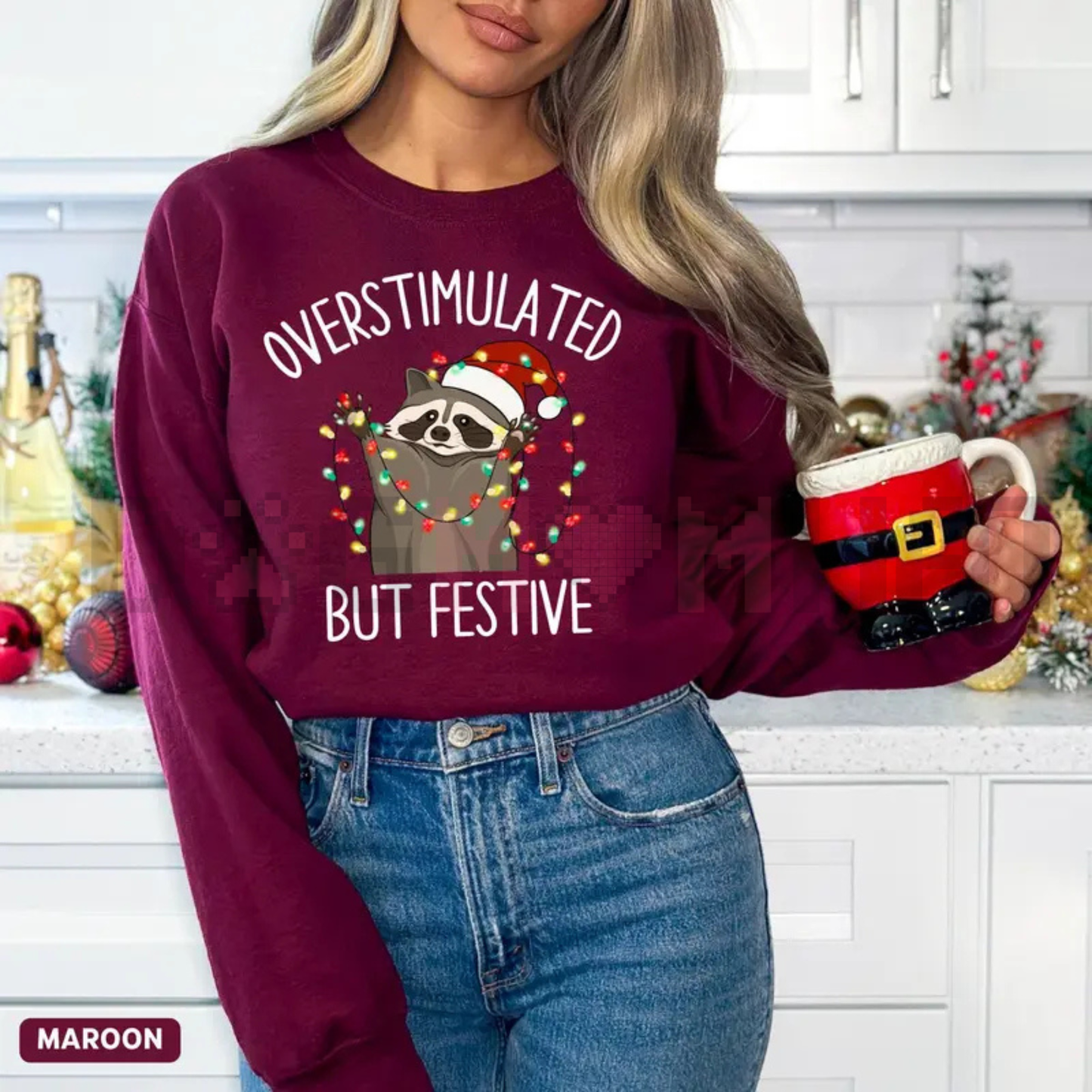 "Overstimulated But Festive" Racoon Christmas Sweatshirt - dogmomhat