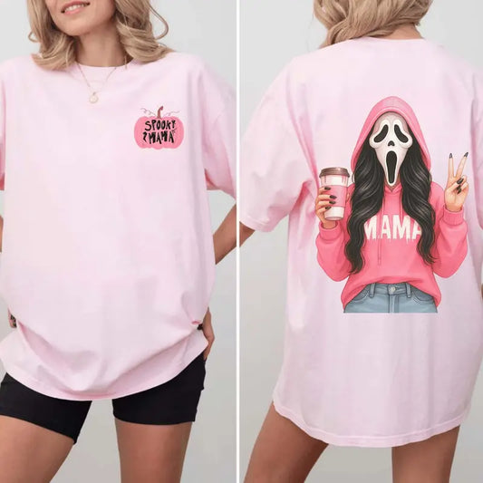 Pink Spooky Mama T-Shirt - 2-Sided Halloween Ghost Mama Tee - Dogmomhat