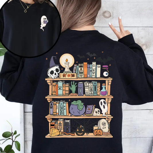 "Reading Ghost" Halloween Sweatshirt - Front & Back Teacher Boo Tee - Dogmomhat